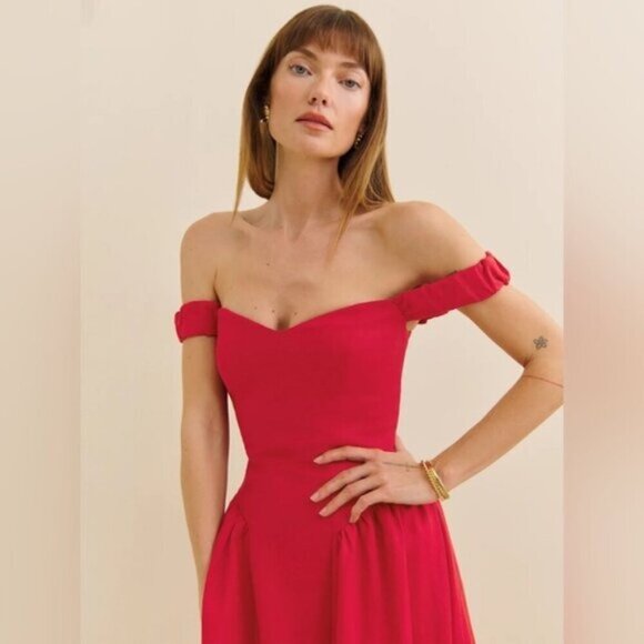 NEW Reformation Monet Linen Midi Dress Lipstick Red Off-Shoulder | size 0 - Picture 1 of 14
